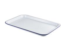 WHITE ENAMEL SERVING TRAY WITH BLUE RIM 35.5X23.5X2.2CM